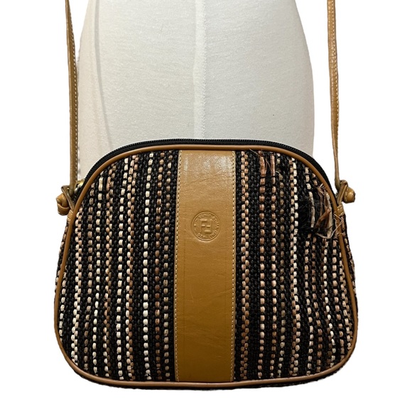 Fendi Handbags - Vintage Fendi Tweed Style Woven Straw Leather Trim Tan Crossbody Bag Purse